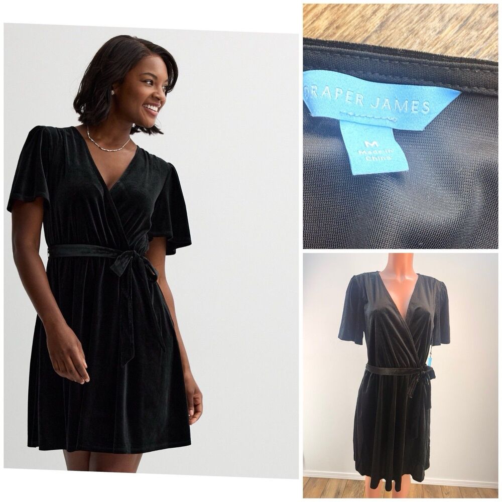 Draper James Black Velvet Wrap Dress Size M Short  Sleeve W/Pockets - Picture 2 of 16